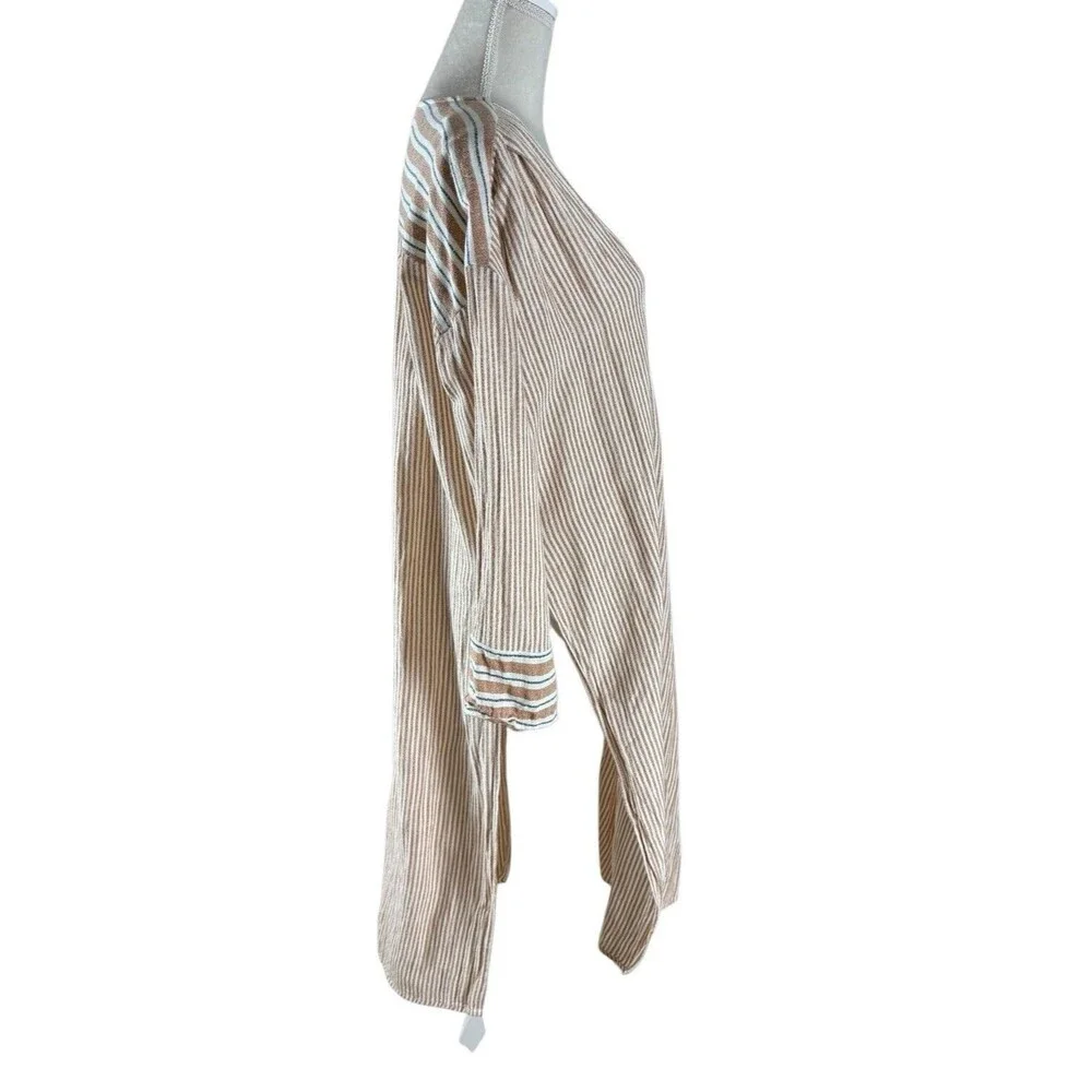 Free People Cotton Linen Blend Cardigan Duster Women's XS Brown White Stripes
